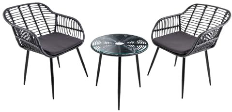 riess-ambiente.de Outdoor Bistro Balkon-Set Paris schwarz Polyrattan Sitzgruppe inkl. Tisch und Kissen