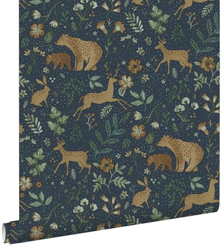 papier peint forêt avec des animaux de la forêt bleu foncé et beige 53 cm x 10.05 m - ESTAhome