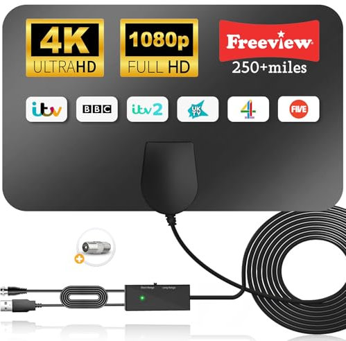 Upgraded Indoor Digital TV Aerial - Smart Antenna With Booster 250+ Miles Long Range Reception for Freeview Support 4K 1080P HDTV & 16.4ft Coax Cable