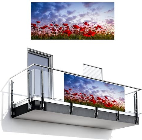 MuchoWow© Balkon Sichtschutz Einseitig 90x200 cm Groß PVC Kunststoff Garten Windschutz ohne Bohren Wetterfest Sichtschutzzaun Terrasse Balkonverkleidung Deko Panorama - farbenfroh - Mohnblumenfeld