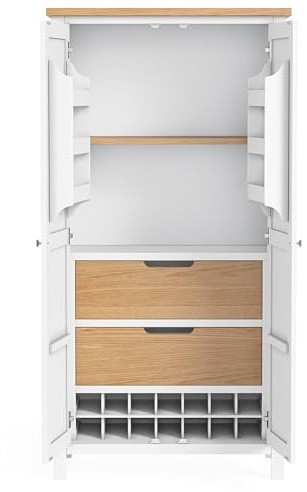 RoselandFurniture Farro White Kitchen Larder Cabinet for Dining Room | 2 Door Storage, Wooden Pantry Cupboard with Wine Rack and Oak Top, Contemporary Coastal Style, H185cm W95cm D50cm