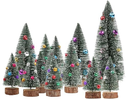 TaoQ C 12 Piezas Mini árbol de Navidad Mini árbol de Navidad Pequeño Árbol de Navidad Sisal con Base de Madera y Campana para Decoración de la Fiesta de Navidad de Invierno