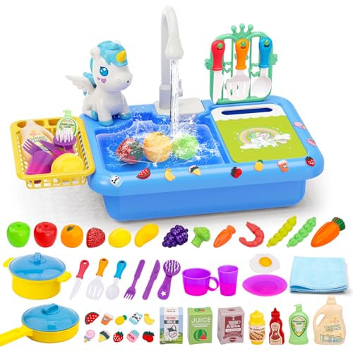 deAO Ensemble De Jeu d'evier Cuisine avec Robinets Électriques,Lavabo Enfant avec Jouets À Couper, Couverts Aux Couleurs Changeantes, Recyclage De l'eau,Kit Cuisine pour Enfants(Bleu)