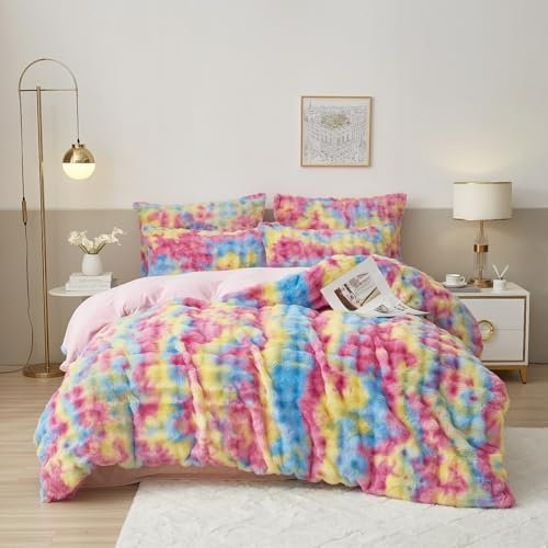 Luowei Plüsch Bettwäsche 135x200 Winter Warm Bunt Kuschelige Flauschig Bettwäsche Luxus Wende Mädchen Bettbezug mit Reißverschluss und Kissenbezug 80x80cm