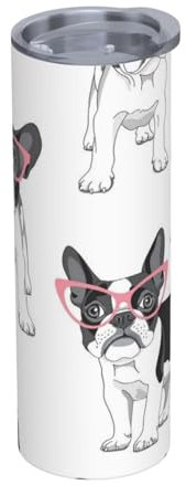 YXDVPALNE Bulldog francés negro de dibujos animados con gafas rosas y perro blanco Botella de agua aislada de acero inoxidable de 20 oz, taza, vaso al vacío, termo para agua