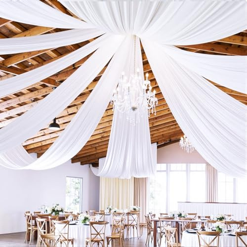 PartyVillage 6 Panels 5ftx30ft White Ceiling Drapes for Wedding Parties – 30 FT Extra Long Thick Polyester Wrinkle-Free Drapery Tent Decor Decorations for Birthday Party Ceremony Stage Swag