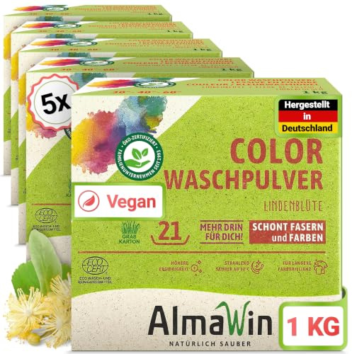 AlmaWin® Color Waschpulver [5x 1kg - 105 Ladungen] mit Lindenblüten-Duft für strahlende Reinheit – Öko Waschmittel Pulver Color anwendbar für 30-60°C – Veganes Bunt-Waschpulver