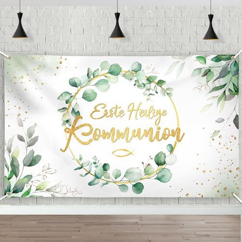 BETESSIN Kommunion Banner 180x110cm - Erste Heilige Kommunion Deko mit Eukalyptus Design - Erstkommunion Geschenkidee - Hängende Dekoration zur Kommunion für Junge & Mädchen