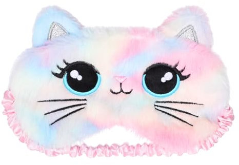 Schlafmaske Kinder, 3D Plüsch Augenmaske Weiche Schlafbrille für Kinder Frauen Flauschige Augenbinde für Nickerchen Reisen Pyjamaparty (Regenbogenfarben,Katze)