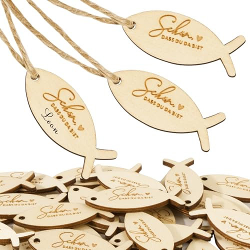 BOFUNX 30 Stücke Holz Geschenkanhänger Schön Dass Du Da Bist Holzanhänger Fischform Holzscheiben Holzdeko Streudeko für Kommunion Konfirmation Taufe