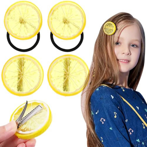 ZORTVUL 4 Stücke Haarspangen Gelb Haarklammern + Gelb Elastische Haargummi Mädchen Damen Süß Obst Haar Accessoires Für Fasching Karneval Party