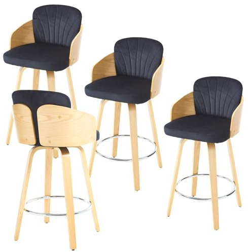 chairus Tabourets de Bar avec Repose-Pieds en Métal Lot de 4 Tabourets de Comptoir Velours Chaise Haute Bar avec Pieds en Bois pour Central Îlot, Noir-4