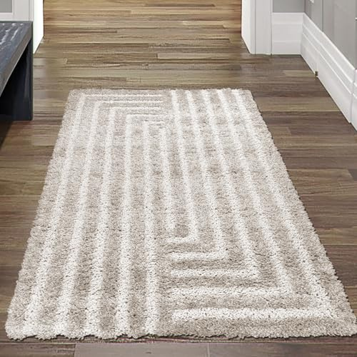 Teppich-Traum Hochflor Teppich Hoch-Tief-Struktur Beige 80x150 cm | Flauschig weich, pflegeleicht, strapazierfähig, langlebig, hautsympathisch, OEKO-TEX geprüft, für Fußbodenheizung