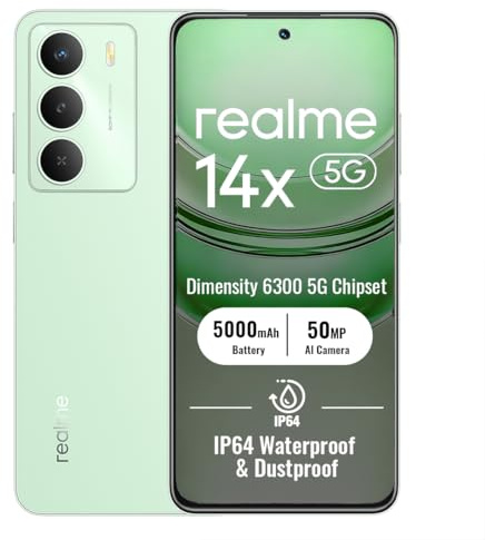 realme 14X 5G Smartphone 6+128GB, Green | 5000mAh Battery, 6.67 Inch Display, 120Hz Refresh Rate, 50MP AI Camera, MediaTek Dimensity 6300 Processor, IP64