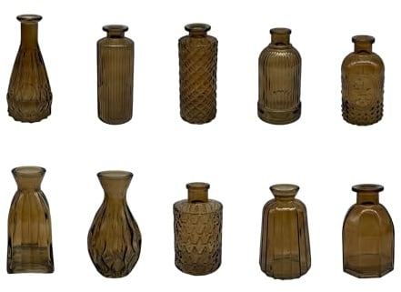 Relaxdays Vases, Lot de 10, texturés, Vintage, Verre, H : 10-14,7 cm, Petites vases déco, Marron