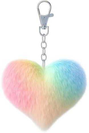 DONWOIE Herz Schlüsselanhänger, Taschenanhänger für Damen | Flauschiges Regenbogenherz Schlüsselband mit Pink-Orange-Gelb-Grün-Blau Farbverlauf Geschenke für Regenbogen-Liebhaber