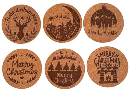 City Coaster Kork Untersetzer, 6er Set, Gravur, Rund 90mm, Weihnachten Sprüche