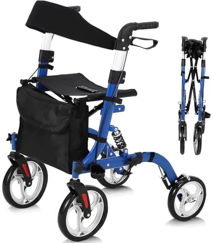 RBFGYIOP Rollator mit Sitz für Senioren, 2-in-1 Faltbarer Transportstuhl, Praktisches 3-in-1-Set mit Getränkehalter, Staufach & Gehstockhalter, All-Terrain