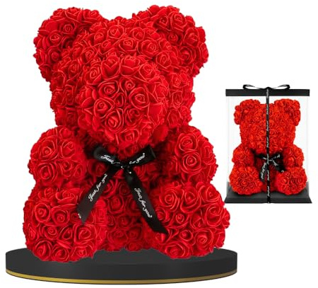 Relax And Elevate 40cm Large Red Rose Bear Birthday Gift for Women, Mother's Day Flower Bouquet, Rose Petals Teddy Bear Present, Artificial Flowers Bear Gift with Transparent Gift Box for Her