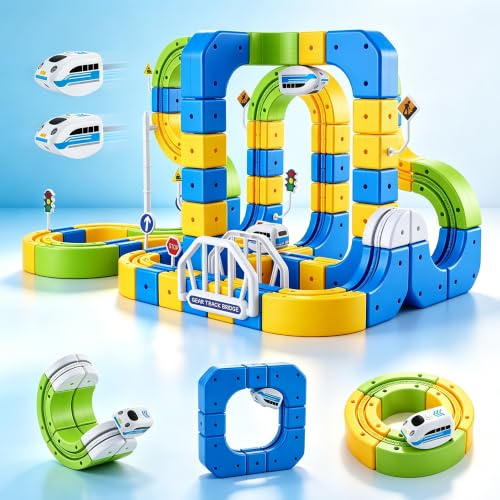 Set di trenino elettrico Click-Rail da 225 pezzi con 2 trenini più piccoli, binari flessibili, trenino a blocchi cubi fai-da-te con tracciati 3D che sfidano la gravità, ferrovia e blocchi magici