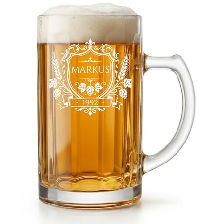 Personalisierter Bierkrug mit Gravur – 0,5L Bierhumpen mit Namen & Jahr – Geschenk für Männer, Papa, Freund – Graviertes Bierglas – Geburtstag, Vatertag, Weihnachten (Wappen)
