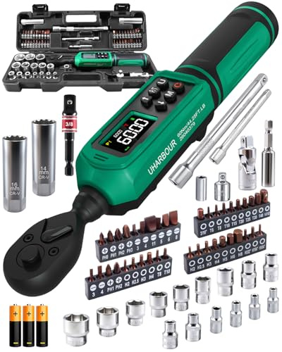 Uharbour Digitaler Drehmomentschlüssel 3/8 Zoll, 0.9-60Nm Drehmomentschlüssel Fahrrad, 68-teiliges Set mit Stecknüssen, Bits, Verlängerungen, Kardangelenk, Adapter, ±1% Genauigkeit