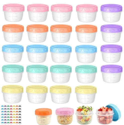 24 Pieza Recipientes Pequeños con Tapa, Botes Plastico con Tapa Para Salsa | 80ml Táper Mini de Plástico con Marca Escala Reutilizables Sin BPA para Mermelada, Salsas, Snacks (6 Colores)