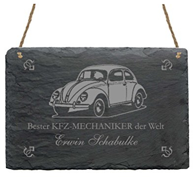 Schiefertafel « BESTER KFZ MECHANIKER DER WELT » Schild mit persönlichem Namen und Motiv Auto - Türschild - Mechatroniker Werkstatt