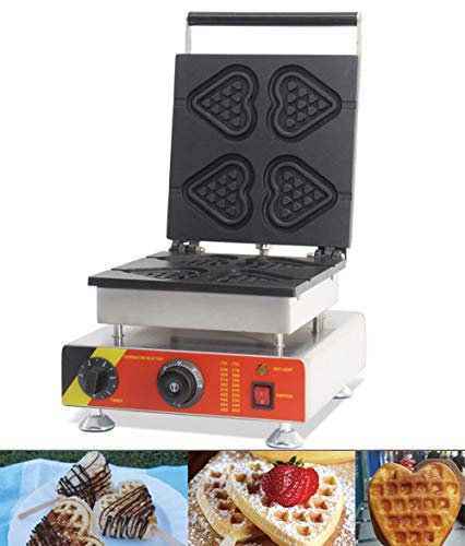 CGOLDENWALL NP-511 Commercial Heart Shaped Waffle Maker for 4 Slices of Heart Waffle/Non- stick Teflon Waffle Making Machine- 106x96x10mm Waffle Size- 1.65KW (220V)