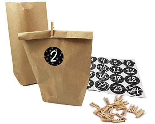Adventskalender mit Papiertüten, 24 weihnachtlichen Stickern und 24 Holz Klammern - Adventskalender zum selber befüllen (schwarz)