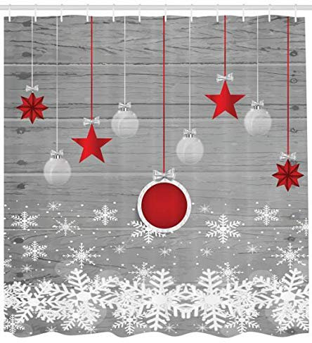 ABAKUHAUS Natale Tenda da Doccia, Stelle Baubles Neve, Tessuto Set di Decorazioni per il Bagno con Ganci, per la vasca da bagno, 175 cm x 200 cm, Grigio Rosso Bianco