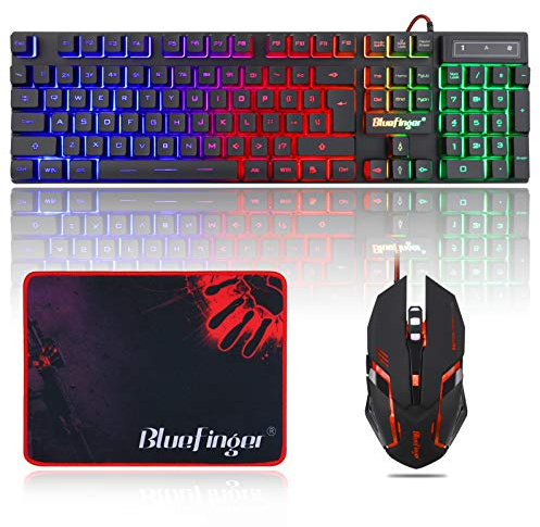 BlueFinger Tastiera da gioco RGB e mouse retroilluminato, con cavo USB, set da gioco a LED per laptop, PC, giochi e lavoro