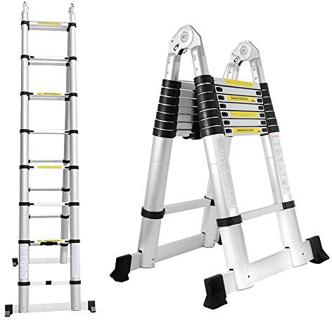 BMOT 5M(2.5+2.5M) Alu Teleskop Klappleiter, Groosse Anwendbarkeit Multifunktionsleiter, Klappbar Leiter, 150 kg Belastbarkeit Leiter für Garten Innen
