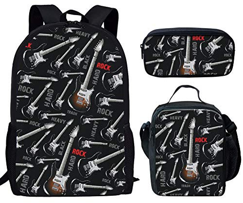 HUGS IDEA Cool Electric Guitar Rock 15 Inch Student Backpack Bookbags Set Vintage School Bag with Pencil Case Lunch Box