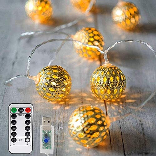 Vegena LED Lichterkette,20 Led 3M Marokkanische Lichterkette 8 Modi Dimmbar mit Fernbedienung, Kugeln Orientalisch Weihnachtslichterkette Mit USB NICHT batteriebetrieben,Warmgelb