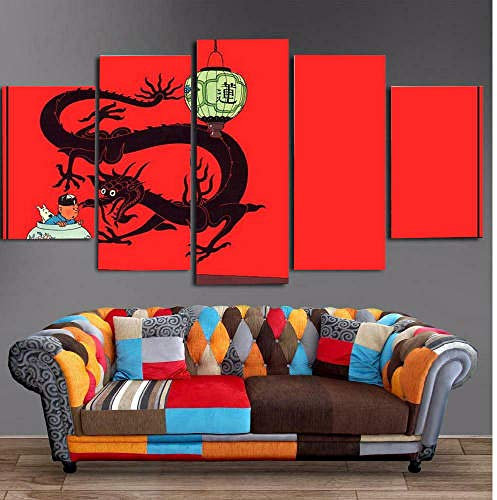 Bilder XXL 5 Teile wandbild leinwandbilder Kunstdrucke Filmanimation Die Abenteuer von Tim und Struppi XXL 5 Teiliges Wandbild Mit Rahmen Größe 100x55CM Leinwandbild Wandbilder Cadeau d'Halloween