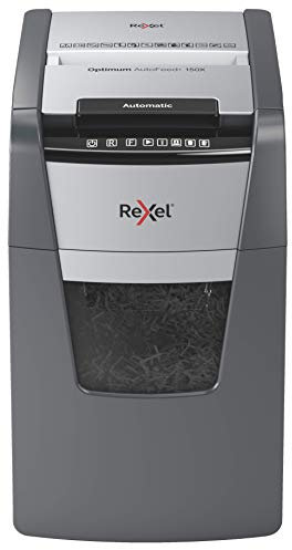 Rexel Optimum AutoFeed+ 150X Automatischer Aktenvernichter CH, 150 Blatt, Sicherheitsstufe P4, Partikelschnitt, für kleinere Büros, 44 Liter Abfallbehälter, mit Schweizer Netzstecker, 2020150XCH