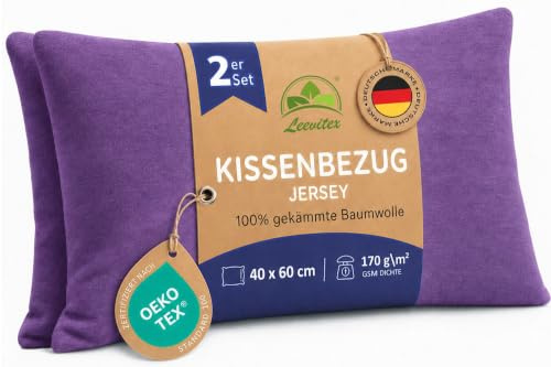 leevitex Kissenbezug 40x60cm - 2er Set - Lila - 100% Baumwolle Jersey | Öko-Tex Zertifiziert · Nackenkissenbezug · Kopfkissenbezug & Kissenhülle · verdeckter Reißverschluss · 170 g/m²