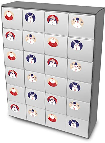 itenga großer Adventskalender 50x37cm zum Füllen 24 Schachteln zum Befüllen Quader Form weiß zum Selber Befüllen inkl Zahlenstickern Weihnachtsfiguren