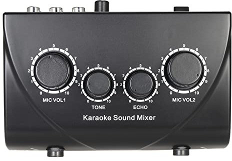 Sasuori Mezclador de sonido Echo, estéreo, con entradas dobles de micrófono, con cable RCA y adaptador de alimentación, para Karaoke, TV, PC, smartphone y amplificador