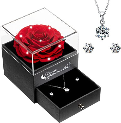 Rosa Eterna Preservada, Rosa Eterna Natural Hecha a Mano con Collar Pendientes Rosa Regalo Mujer, Cumpleaños Aniversario San Valentín Regalos Románticos Para Mujer Mamá Novia (Rojo con Cristal)
