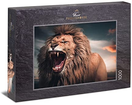 Ulmer Puzzleschmiede - Puzzle Big Boss - Kraftvolles 1000 Teile Löwen-Puzzle - der brüllende Löwe ist der Chef in der Landschaft Afrikas - eindrucksvolles Tiermotiv, Made in Germany
