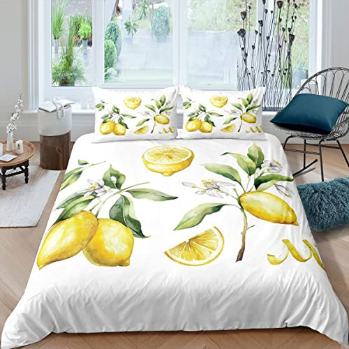 Loussiesd Zitrone Bettwäsche Set 135x200cm Zitrone mit Blätter Bettbezug Set für Kinder Jungen Mädchen Tropisch Frucht Drucken Betten Set Botanisch mit 1 Kissenbezug
