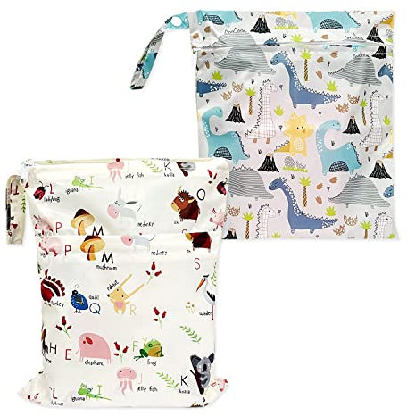 CQQNIU 2 Pcs Baby Waterproof Diaper Organizer, Washable Reusable Double Zipper Diaper Day Care Wet Bag For Swimwear Baby Products (Dinosaurs, Letters)