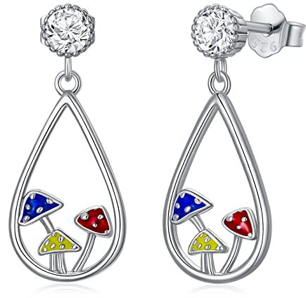 Pilz Ohrringe mit Zirkonia Silber 925 Kawaii Süß Pilz Anhänger hängend Tropfen Baumeln Ohrstecker Ohrringe Stecker Schmuck Geschenke für Damen Mädchen
