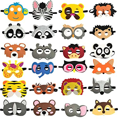 Proumhang 24 Stück Tiermasken für Kinder,Filz-Tiermasken mit elastischen Bändern für Tiergeburtstagsfeierzubehör,Gastgeschenke,Rollenspiele,Halloween,Weihnachtsgeschenke für Kinder