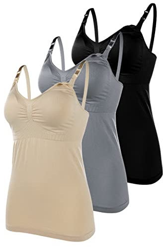 AOOPOO 3er-Pack Schwangeren-Unterhemd, Damen-Baumwoll-Still-Tank-Top, Umstands-Unterhemd zum Stillen, Frauen-Still-Unterhemd mit langem Oberteil ohne Stahlring mit Polster-Vorderschnallen-Fütterung