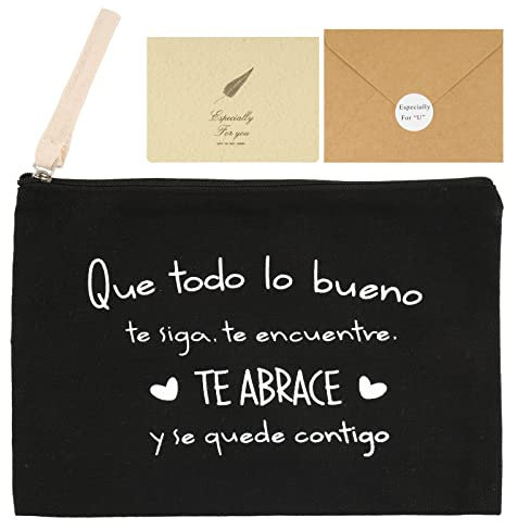 Spanisch 23x16cm Canvas Kosmetiktasche mit Umschlag und Grußkarte tragbare Schminktasche aus Leinen Geldbörse Münztasche Multifunktionales Organizer für Handtasche Reise als Geschenk (Schwarz)