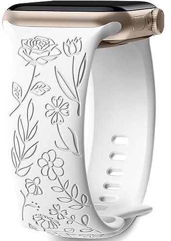 Mastten Floral Engraved Strap Compatible with Apple Watch Strap 38mm 40mm 41mm 42mm for Women, Soft Silicone Elegant Rose Floral Pattern Band for iWatch Series SE 10 9 8 7 6 5 4 3 2 1, White