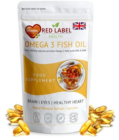 Red Label Health Omega 3 Fish Oil 1000mg, Pack of 180 Soft Gel Capsules (6 Months Supply), Double Strength 180mg EPA and 120mg DHA, Supports Eye, Heart & Brain Health for Men & Women - UK Made